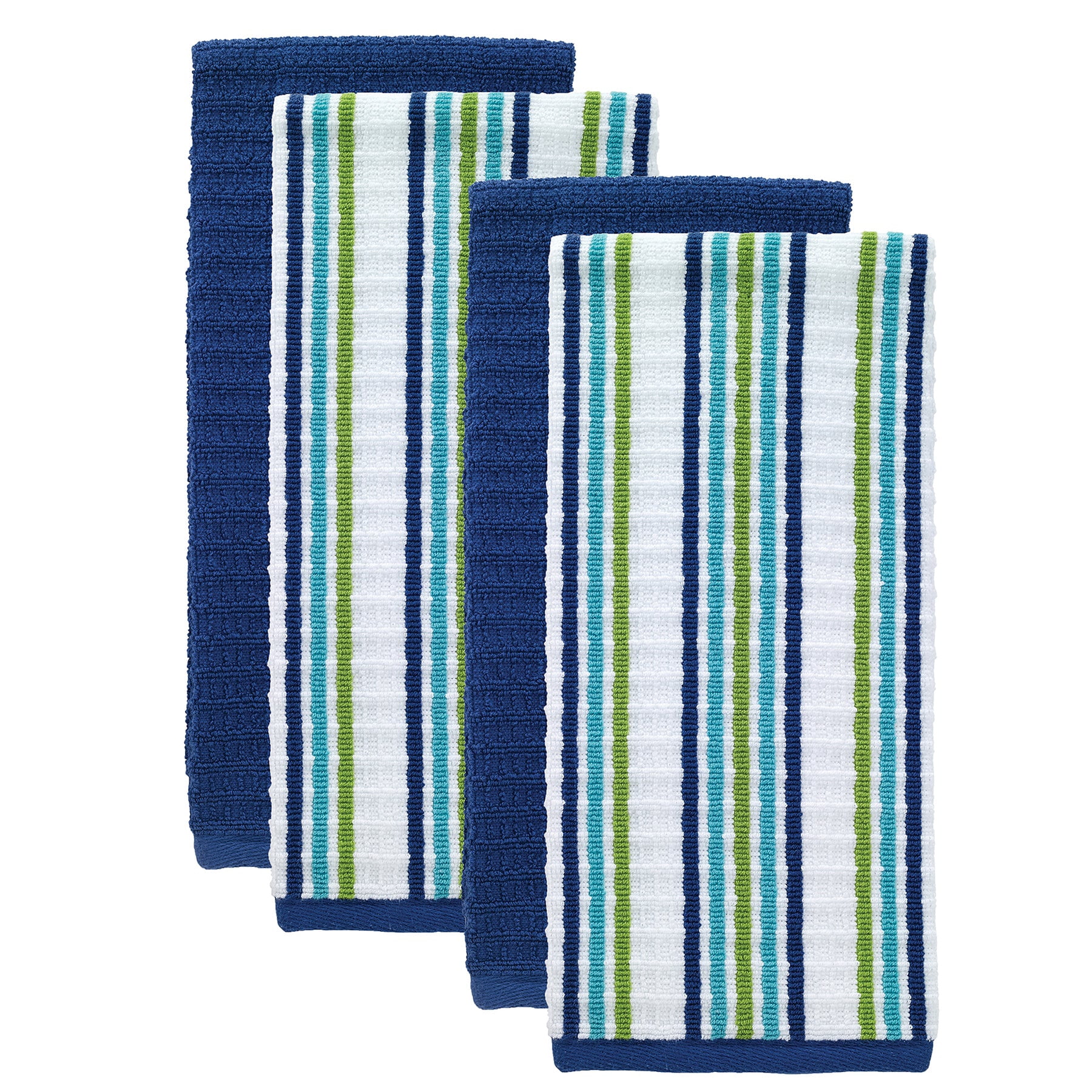T-Fal Solid & Stripe Premium Kitchen Towels, 4-Pack, Blue