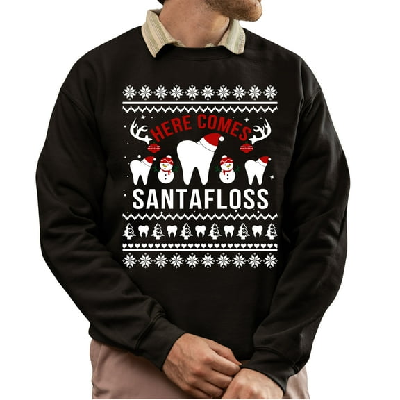 Christmas Sweatshirt, Here Comes Santafloss Funny Dental Christmas Sweatshirt, Dentist Hygienist Ugly Holiday Jumper, Witty Tooth Fairy Gift for Oral Health Professionals