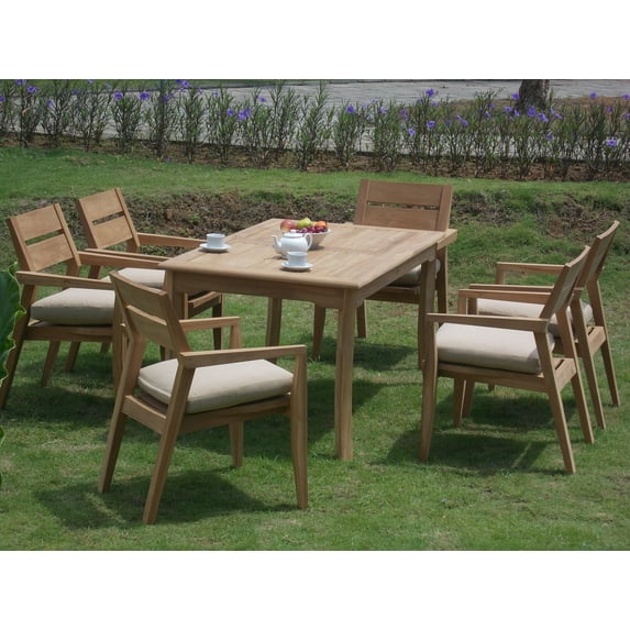 Teak Dining Set:6 Seater 7 Pc -60" Rectangle Table And 6 Stacking Vellore Arm Chairs Outdoor Patio Grade-A Teak Wood WholesaleTeak #WMDSVL4