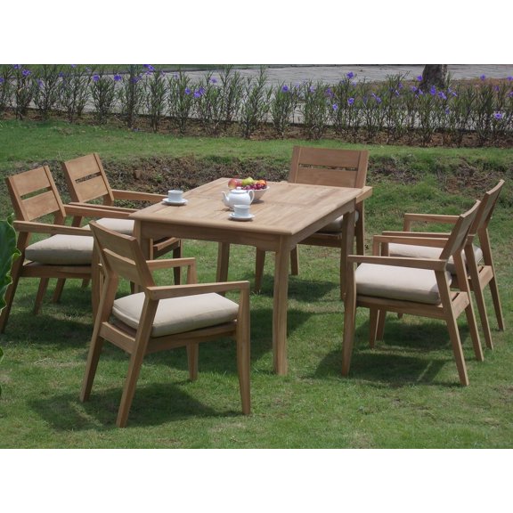 Teak Dining Set:6 Seater 7 Pc -60" Rectangle Table And 6 Stacking Vellore Arm Chairs Outdoor Patio Grade-A Teak Wood WholesaleTeak #WMDSVL4