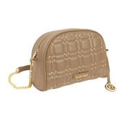 Ellen Tracy Chain Faux Smooth Leather Square Quilted Crescent Crossbody Bag 012-Tan