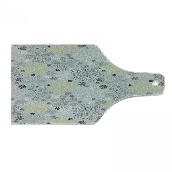 Grey and Yellow Cutting Board, Bohem Style Paisley Print Flowers Dots Art Image, Decorative Tempered Glass Cutting and Serving Board, Wine Bottle Shape, Pale Grey White, by Ambesonne