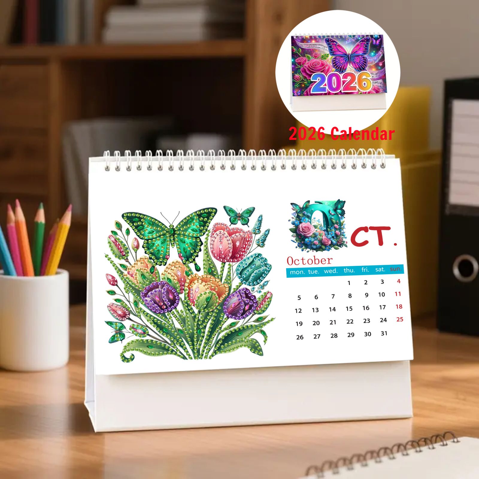 FLOPESN 2026 DIY Diamond Art Painting Desk Calendar,Thick Paper Monthly Flip Tabletop Calendar with To Do List for Home Office Planning-Butterfly