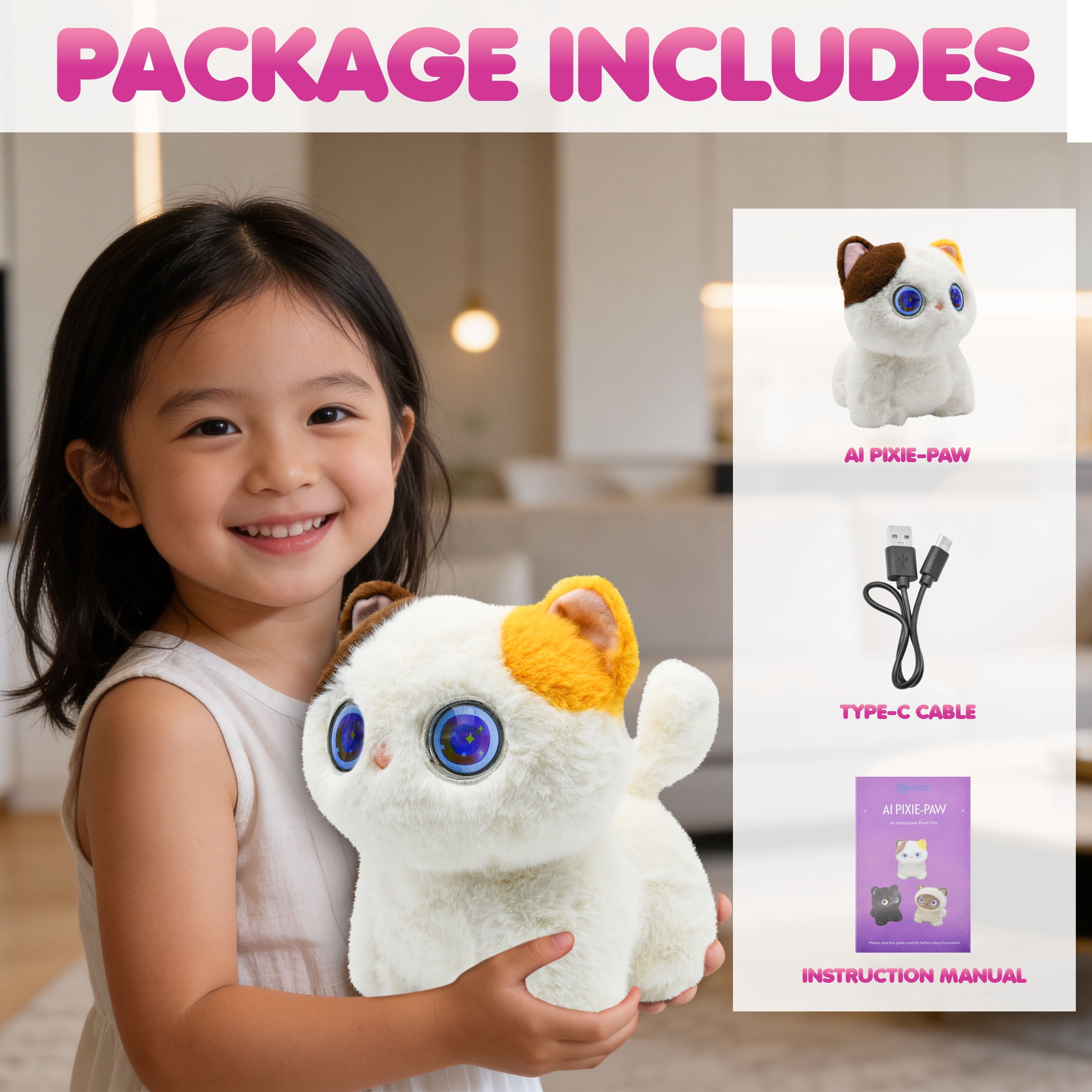 AI Pixie Paw Smart Interactive Plush Cat Voice Responsive Touch Activated Expressive Eyes AI Companion Stuffed Animal for Kids and Pet Lovers, White