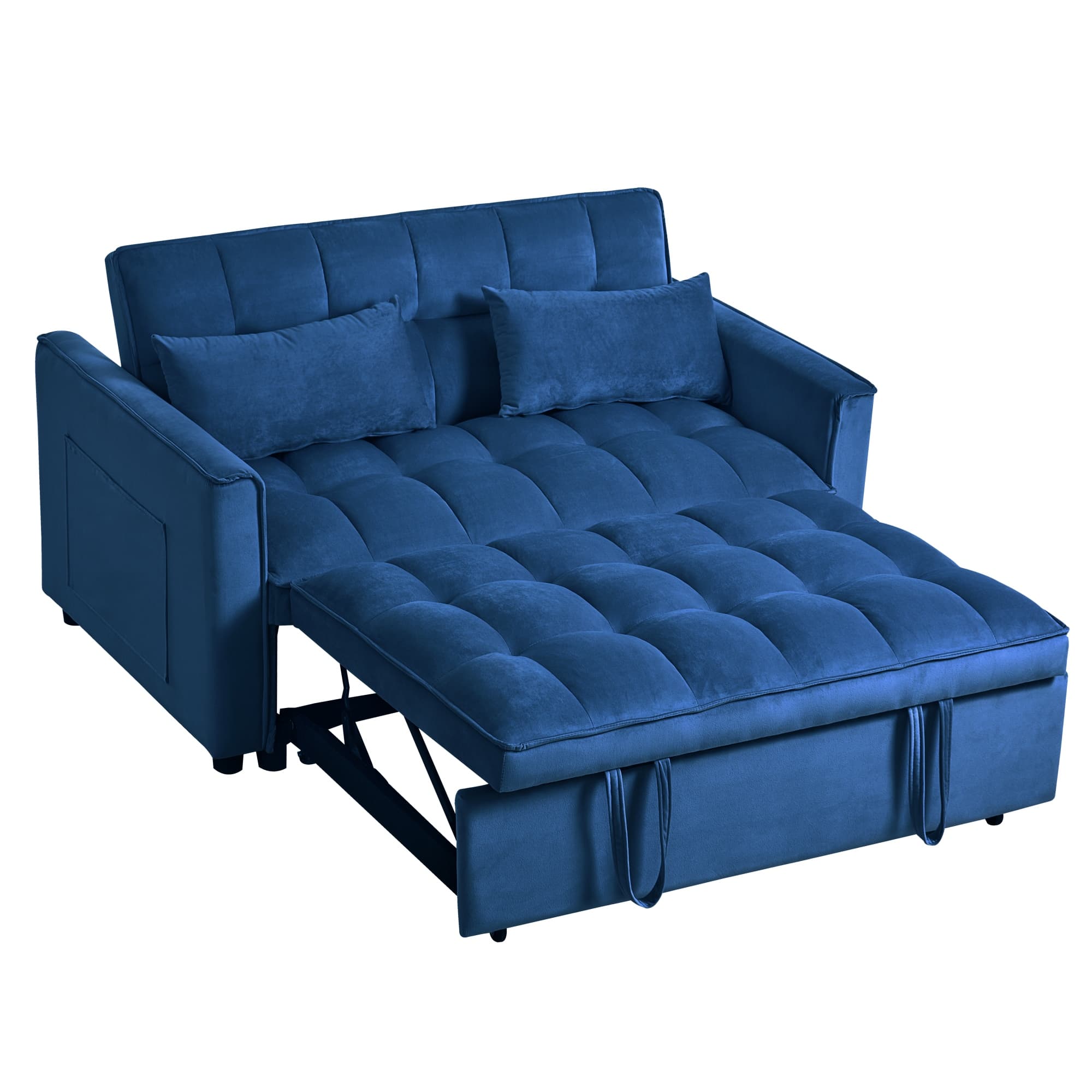 Gewnee 3-in-1 Convertible Futon Sofa Bed – 52.75" Velvet Pull-out Sofa Bed with Reclining Backrest,Side Pockets & 2 Toss Pillows – for Living Room,Apartment,Dorm(Navy Blue）