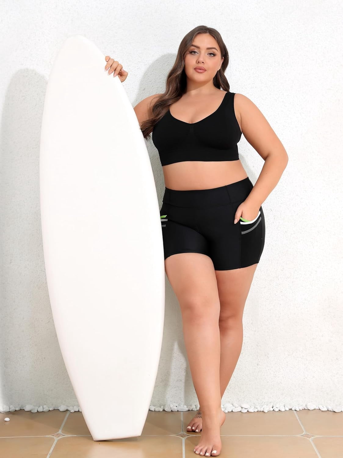 Alove Womens Solid Plus Size High Waisted Board Shorts Swim Trunks Big Shorts Swimwear Bottoms with Two Pockets