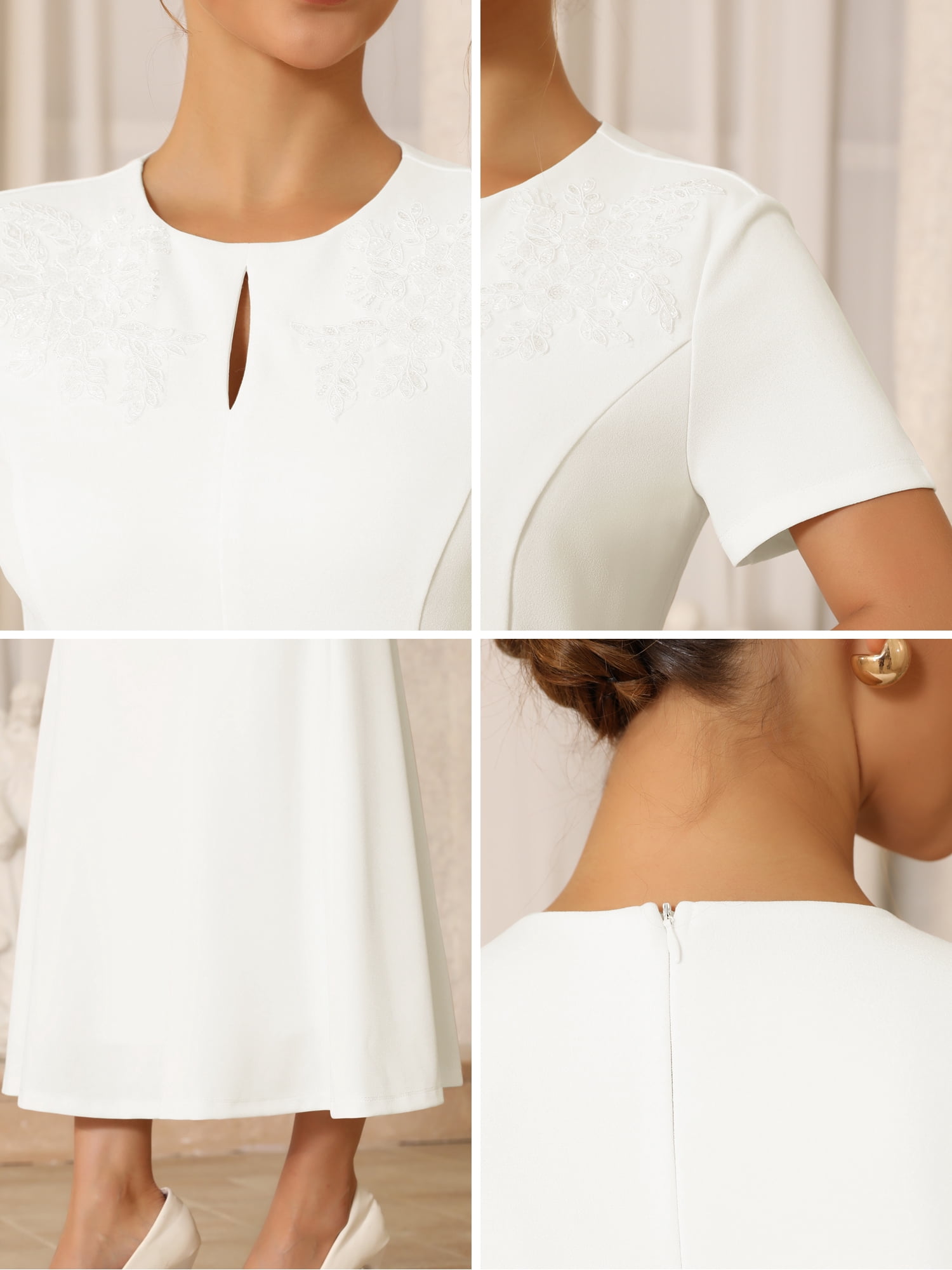 DARING DIVA Women's Lace Embroidered Crewneck Midi Dress for Wedding M White