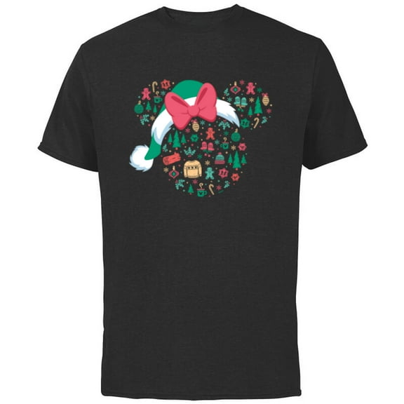Disney Minnie Mouse Head Icon Christmas Holiday Santa Hat - Short Sleeve Cotton T-Shirt for Adults - Customized-Black