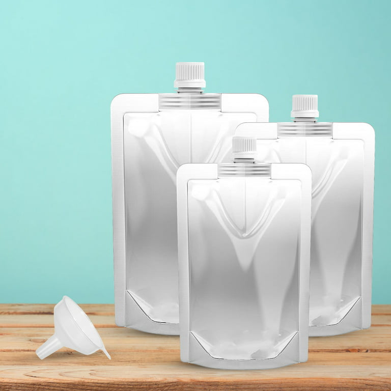 Meanplan 100 Pcs Plastic Flasks Pouches Bulk Reusable Plastic Pouches Leak  Proof Juice Pouches Bags with Funnel for Travel Adults Women Men(Inclined