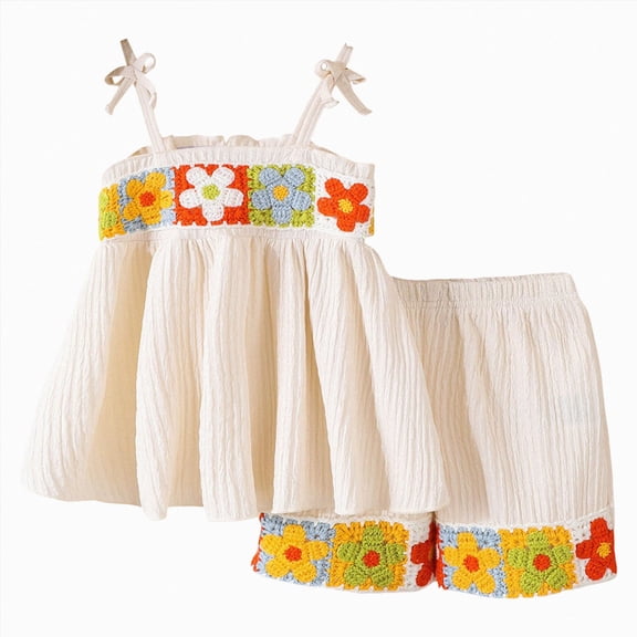 Paguaki Infant Toddler Girl Crocheted Top Wide Leg Shorts Two Piece Set Summer Casual Wear