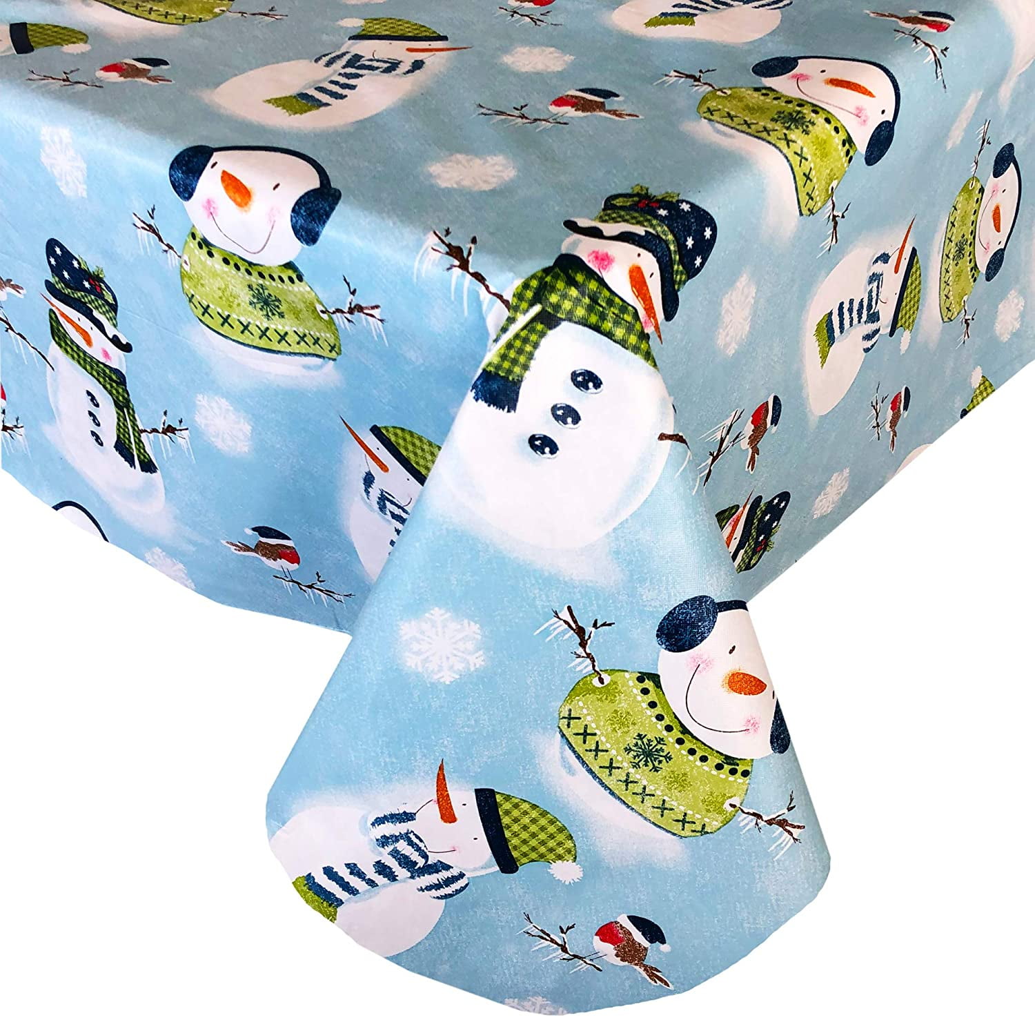 Newbridge Blue Snowy Snowman Christmas Print Flannel Backed Vinyl Christmas Vinyl Tablecloths