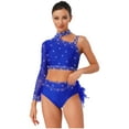 thumbnail image 2 of SiiRoh Women Ballroom Latin Dance Set One Shoulder Crop Top with Feather Briefs Belly Dancing Outfit Royal Blue XXL, 2 of 7