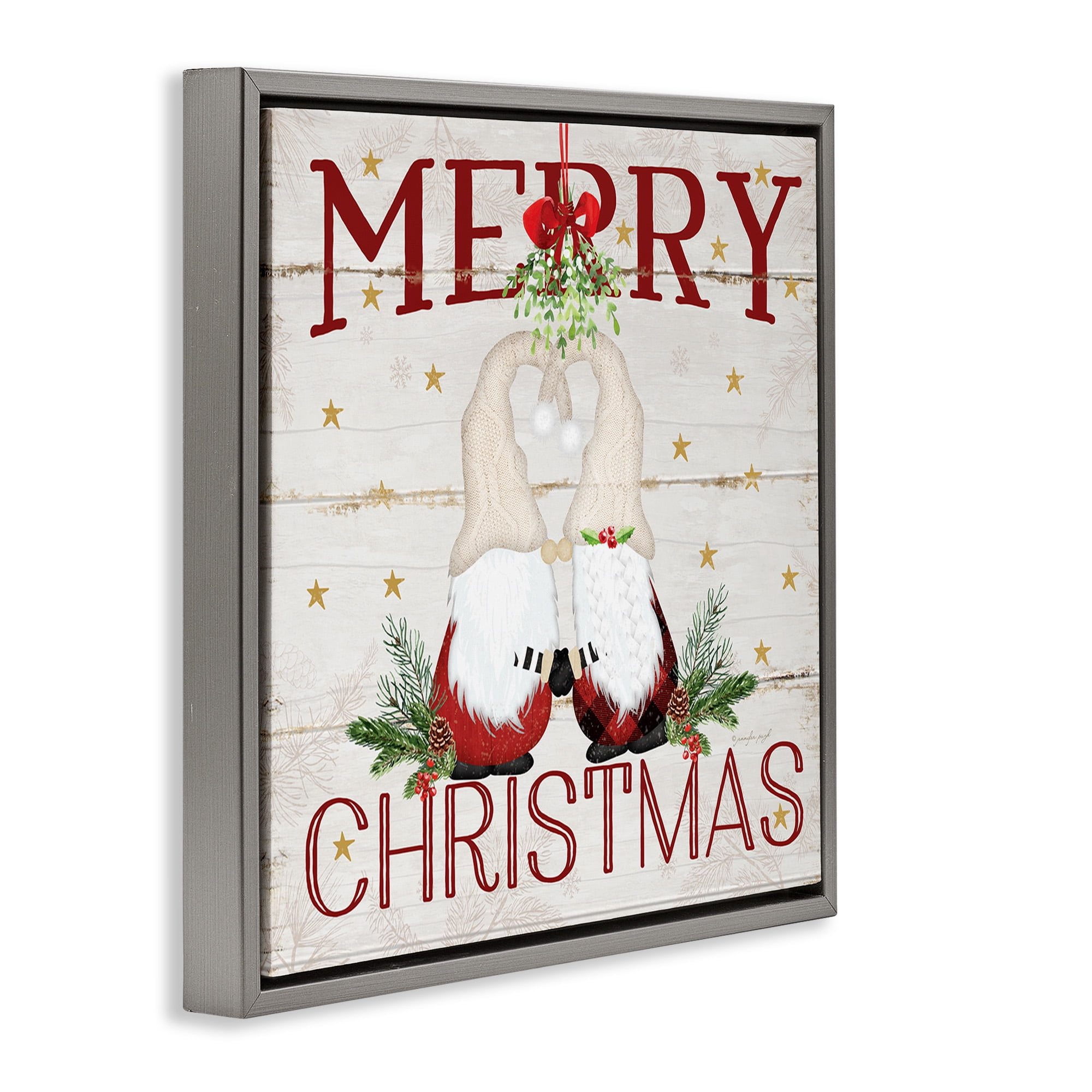 Stupell Industries Holiday Gnomes Under Mistletoe Holiday Painting Gray Floater Framed Canvas Art Print Wall Art, 25 x 25