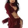 thumbnail image 3 of Ensemble de 2 Pcs Aguichant pour Femmes à Manches Longues en Maille Transparente avec Robe Cache-Cœur, Crop Top, Jupe Mini Fendue Y2K Rouge P, 3 of 7