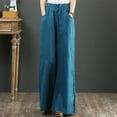 thumbnail image 2 of ShomPort Cotton Linen Pants for Women Elastic High Waist Drawstring Long Pants Wide Leg Loose Trousers (Blue 23), 2 of 5