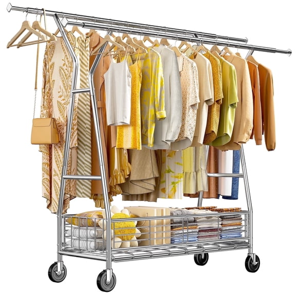 625LBS Heavy Duty Clothes Rack, Double Rod Clothing Rack with Wheels, 70"H Adjustable Garment Rack with Metal Basket