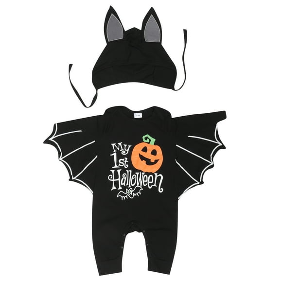 1 Juego de mameluco de Halloween para niña, mameluco con manga de murciélago para bebé, mameluco para niño pequeño, traje de bebé con sombrero