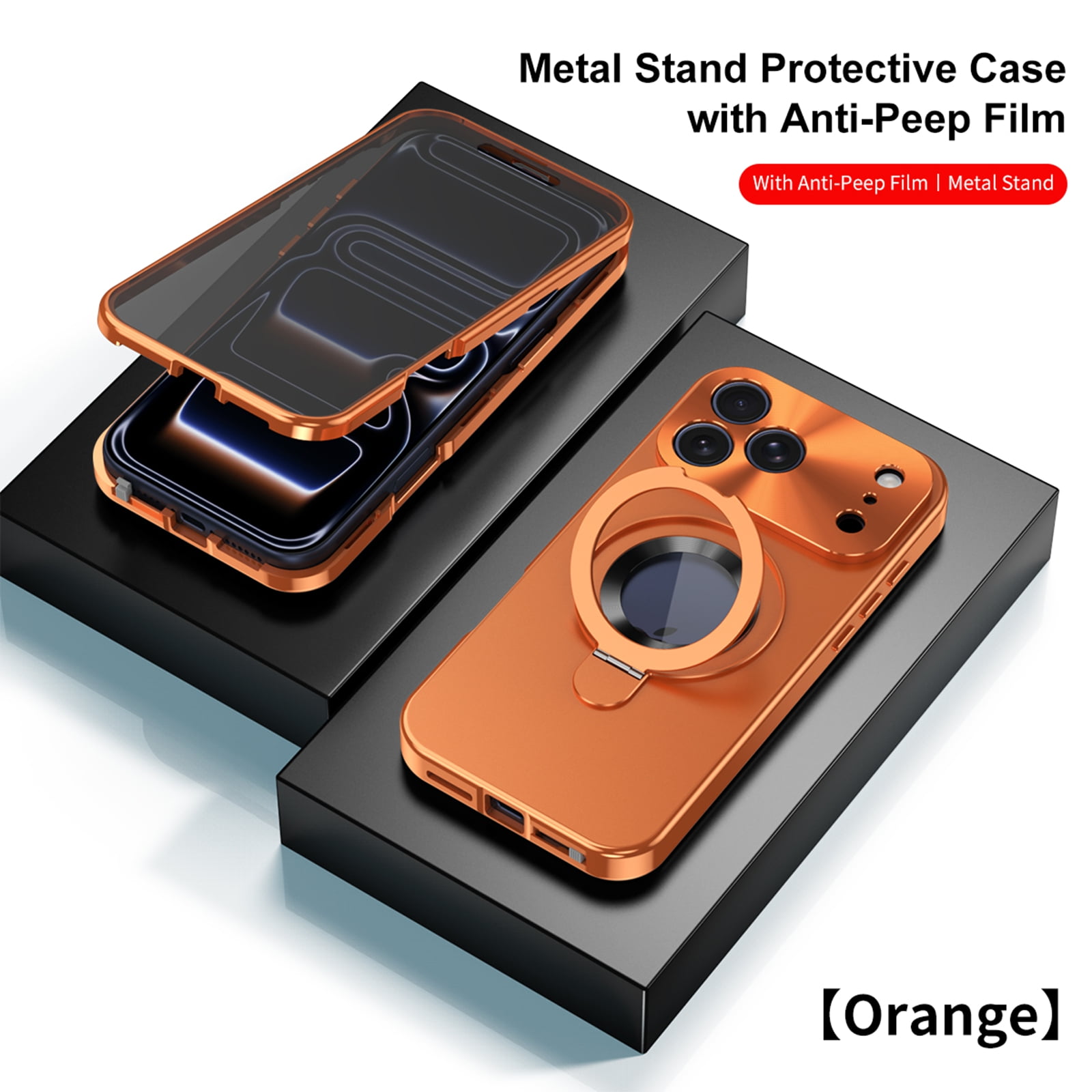 Dteck Magnetic Metal Case for iPhone 17 Pro Max,Shockproof Full Body Protective Case Compatible with Mag Safe Built-in Privacy Screen Protector with Ring Holder Stand Cover,Orange