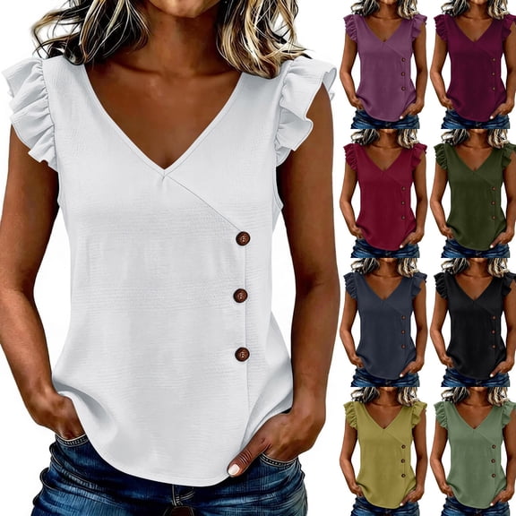 Ashirexll Tops for Women Trendy Casual Loose Fashion Sleeveless V-Neck Button Up Pullover Top for Summer