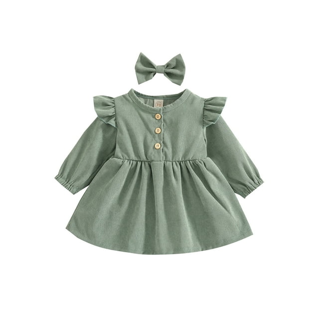 Kmbangi Bébé Fille Robe de Couleur Unie Manches Longues Robe Arc Bandeau Cadeaux