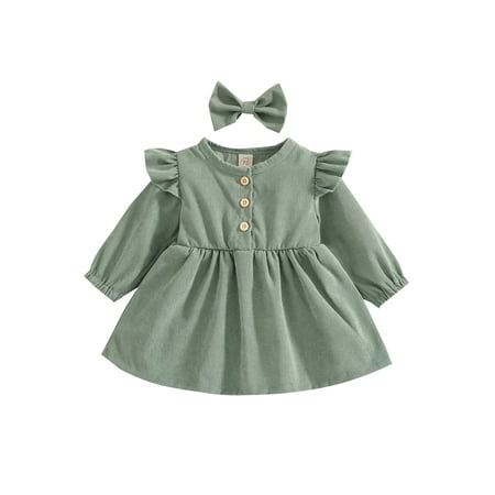 

Fiomva Baby Girl Long Sleeves Dress Bow Headband Corduroy Flower Sundress Light Green 2-3 Years