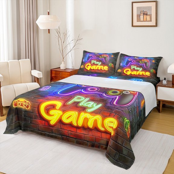 Gamer Gaming Twin Sheet Set for Boys Retro Neon Gaming Bed Sheets Set for Girls Kids Teen Video Game Fitted Sheet Space Game Play Gamepad Flat Sheet Game Room Decor Bedding Set
