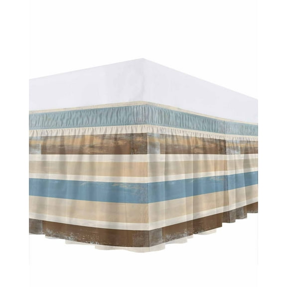 Abstract Gradient Stripe Bed Skirt California King Size 18" Drop Brown Blue Watercolor Ruffled Wrap Around Bed Skirts Adjustable Elastic Bedskirt Dust Ruffle for California King Size Bed
