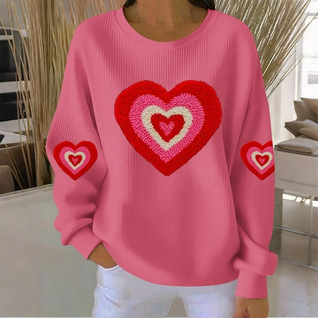 Ounisa Chandails à Manches Longues pour Femmes Col Ras du Cou T-Shirts de la Saint-Valentin T-Shirts Imprimés Cœur d'Amour Hauts Tee à la Mode Décontractés Amples
