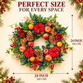 thumbnail image 2 of 24 Inch Christmas Wreath for Front Door, Artificial Holiday Floral Wreath with Red Dahlias, Roses, Apples, Pinecones and Berries, Winter Door Decor, 2 of 7