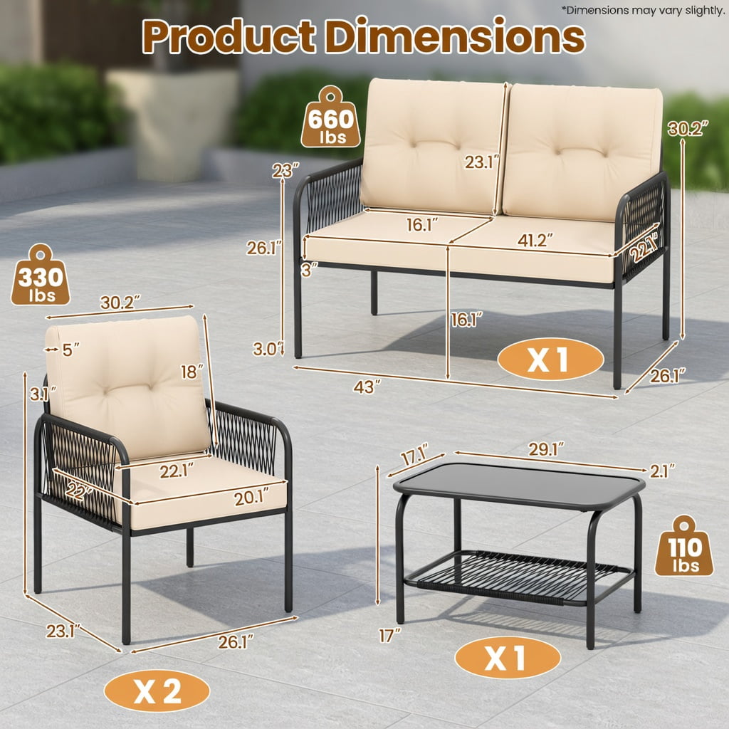 Hommoo 4-Piece PE Rattan Patio Furniture Set, Loveseat, 2 Chairs, Coffee Table with Removable Cushions for Backyard, Poolside & Patio, Beige