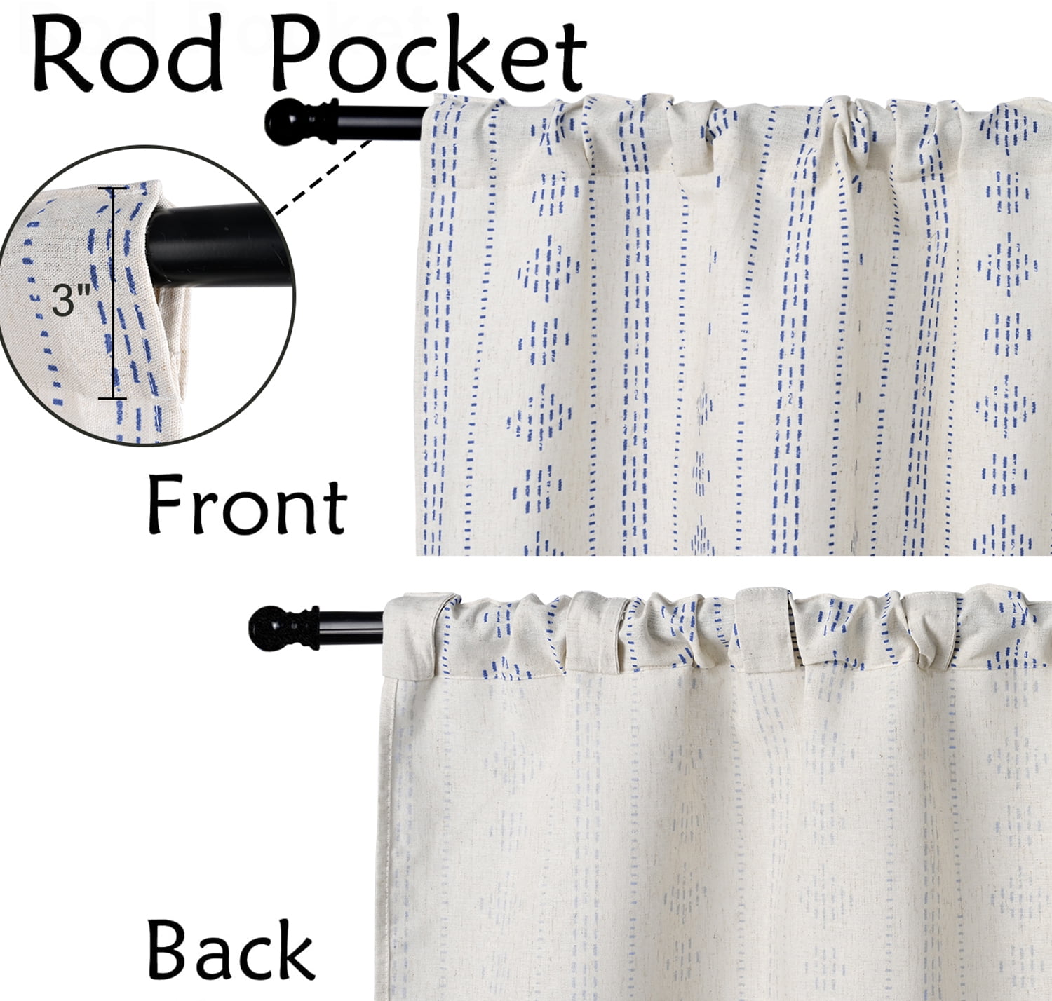 Alishomtll Boho Farmhouse Curtains Linen Light Filtering Blue Geometric Striped Window Drapes ,52"x84", 2 Panels