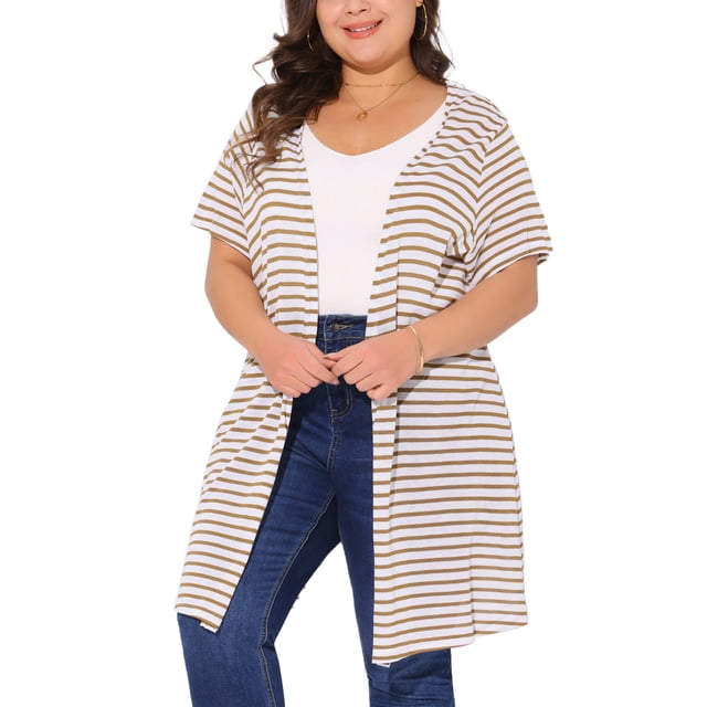 Cárdigan de punto de mujer plus size Agnes Orinda, con estampado a rayas, de manga corta, abierto al frente, casual, largo, talla 3X, color caqui