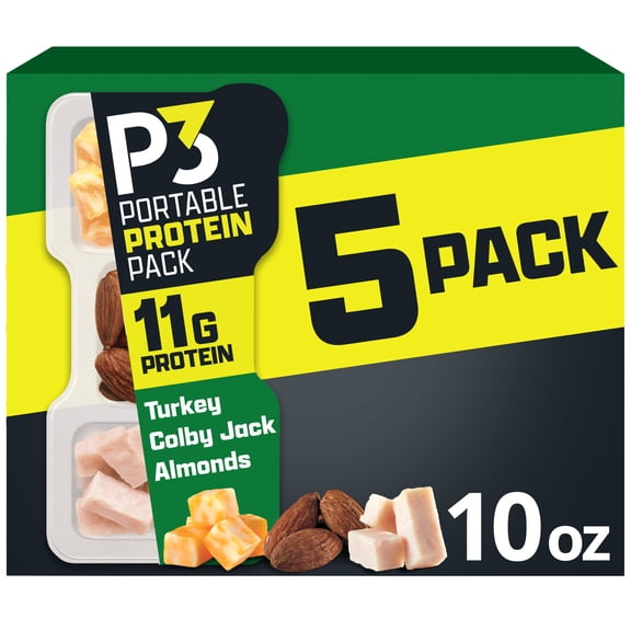 P3 Portable Protein Snack Pack with Turkey, Almonds & Colby Jack Cheese, 5 Count Box, 2 oz Trays