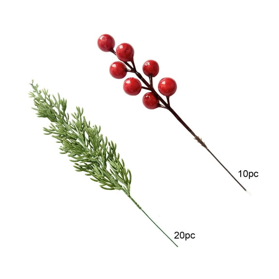 CuiLiyq Christmas Norfolk Pine Branches with Red Berry Stems, Artificial Greenery Norfolk Pine Stems Sprigs, Fake Foliage Pine Needles Picks for DIY Craft Garland Home Decoration (30 PCS)
