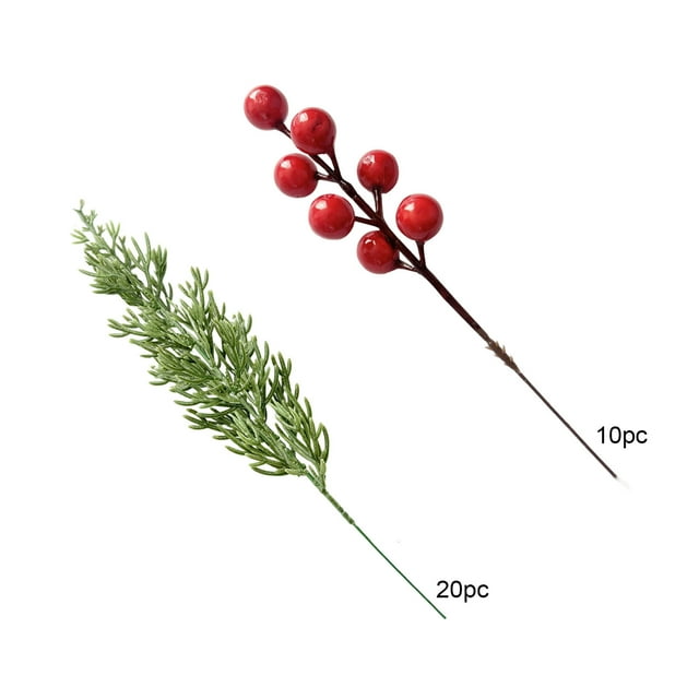REZUOFI 3 Pcs Branches de Pin Artificielles de Noël - 20 Branches de Pin et Cyprès +10 Branches de Baies Rouges, Boutures de Verdure en Plastique Réalistes pour Décoration de Maison de Vacances