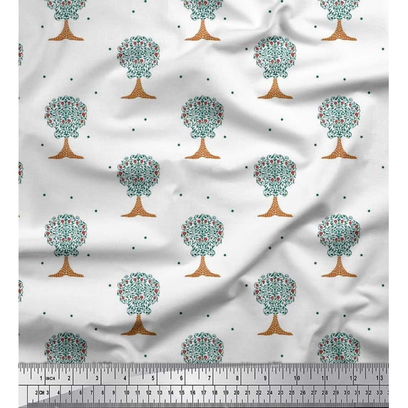 Soimoi Polyester Crepe Fabric Dot & Tree Block Printed Craft Fabric by The Yard 42 Inch Wide