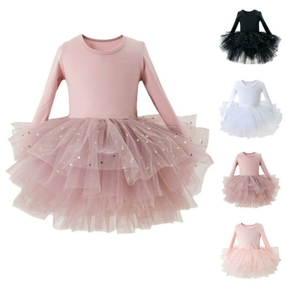 Cowsor Girls Sequin Long Sleeve Leotard Ballet Dress Mesh Skirt Dancewear Practice Outfit for 2-6 Years Old Training Performance