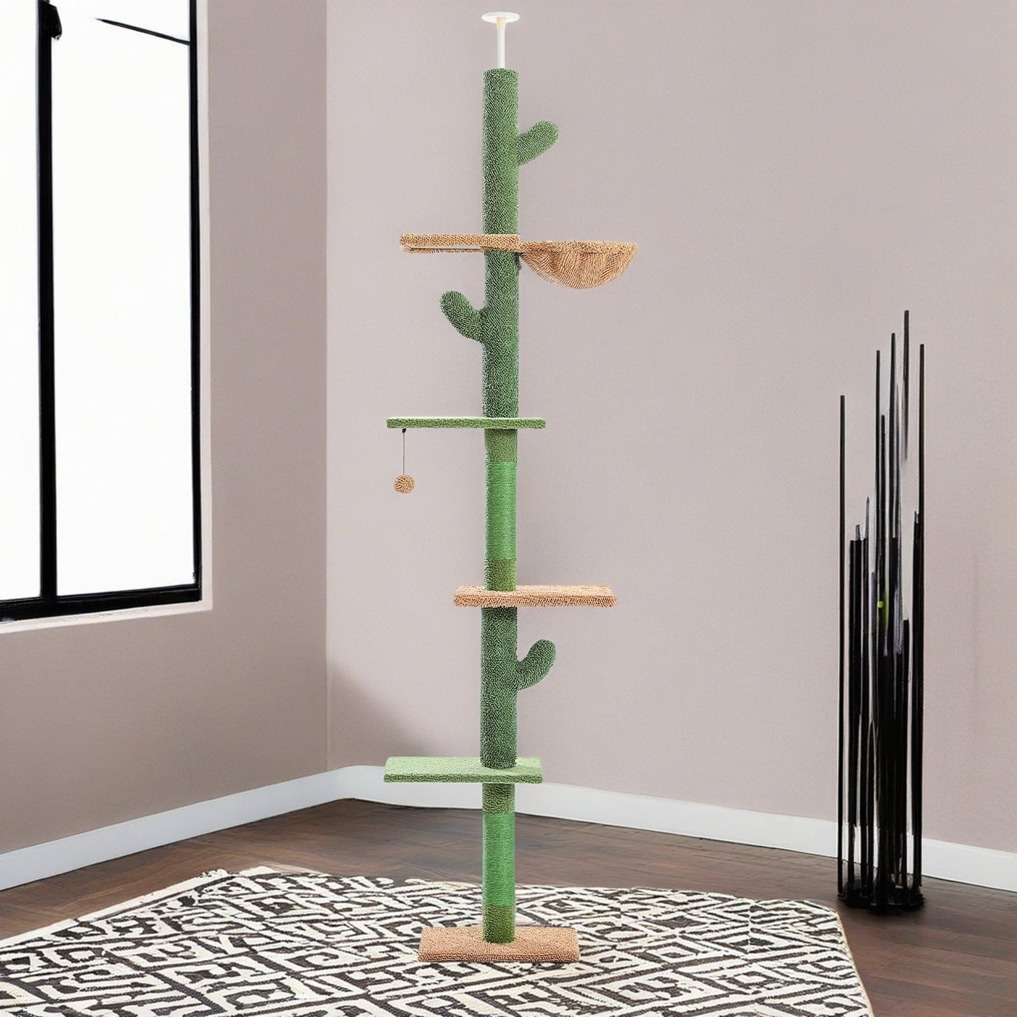 Kadyn 95"-108" Adjustable Height Cactus Cat Tree for Indoor Cats, Modern Floor to Ceiling Cat Tower, 5 Level Cat Climbing Tree, Green