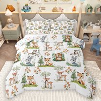 Homewish Cute Deer Fox Queen Comforter Set,Cartoon Bear Cute Rabbit Bedding Sets,Rustic Flower Plant Bedding Comforter Set For Boys Girls,Super Cozy Room Decor Reversible,3pcs