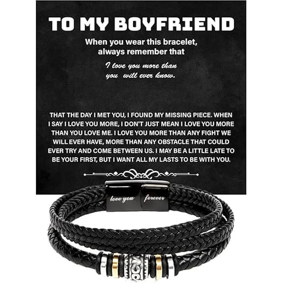 Boyfriend Gifts from Girlfriend, Birthday Gift For Boyfriend, Leather Bracelet for Men, To My Boyfriend Bracelet with Message Card and Box, Love You Forever Engraved Bracelet