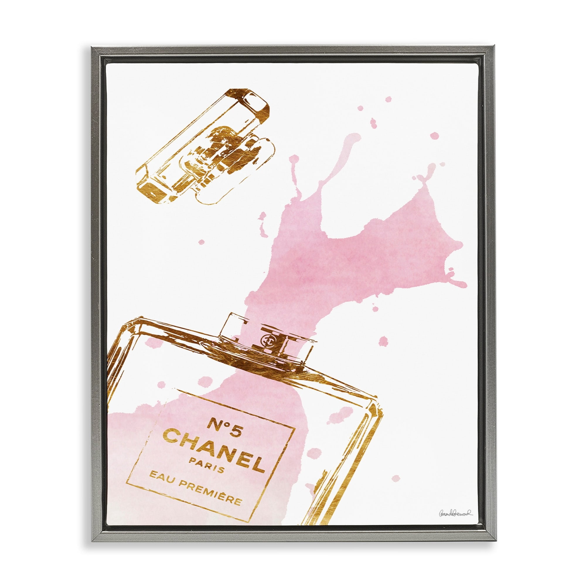 Stupell Industries Glam Perfume Bottle Splash Pink Gold Luster Gray Framed Floating Canvas Wall Art, 16x20, by Amanda Greenwood