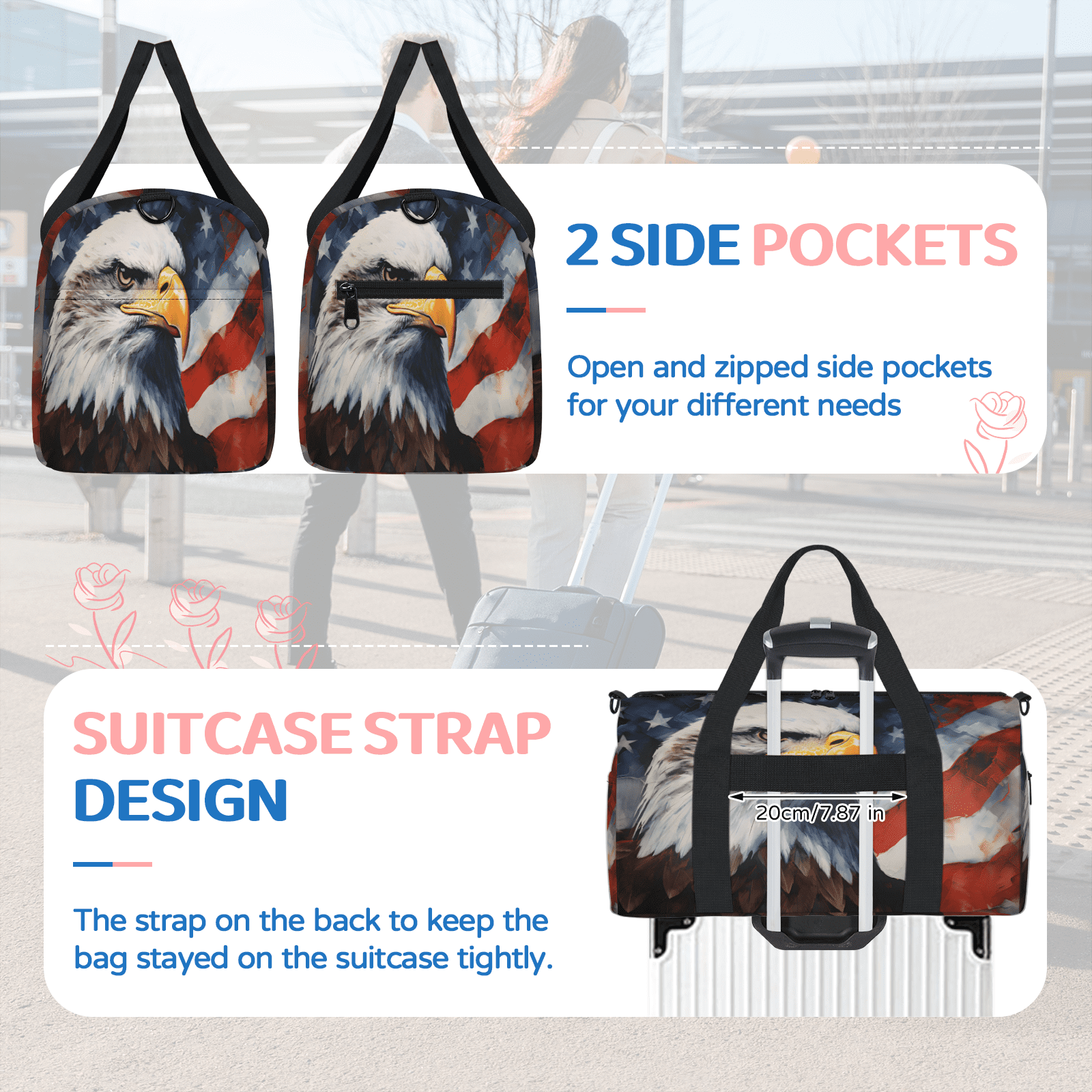 Herdesigns American Flag Eagles Travel Duffle Bag Sports Yoga Weekender Overnight Carry on Workout Bags Lightweight Waterproof Gym Tote Bag for Women