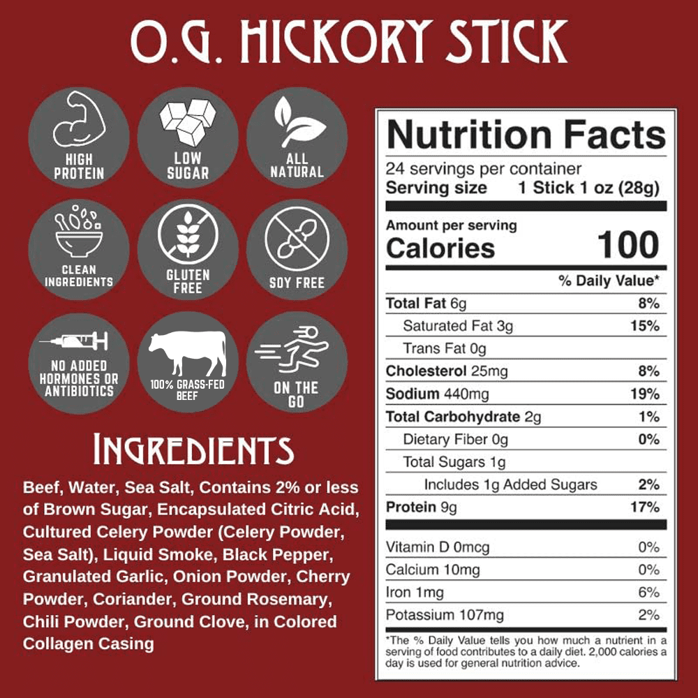 Righteous Felon Grass-Fed Meat Sticks - Low Sugar, High Protein Beef - OG Hickory, 10 pack
