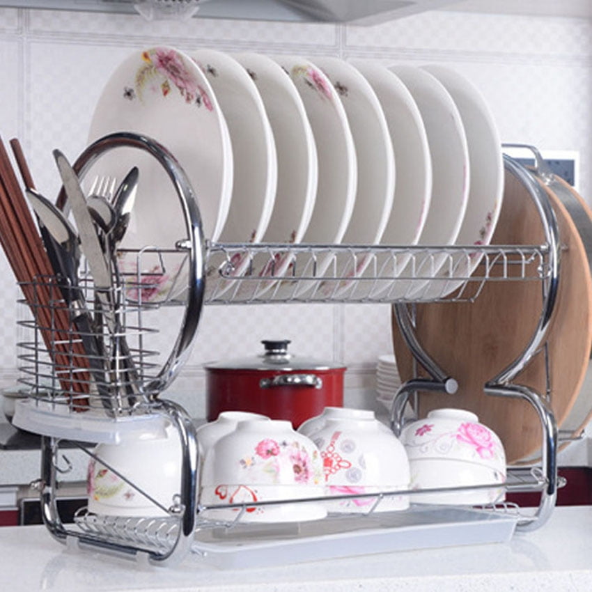 2 Tier Dish Rack,Stainless Steel Dish Drainer Dryer Tray by