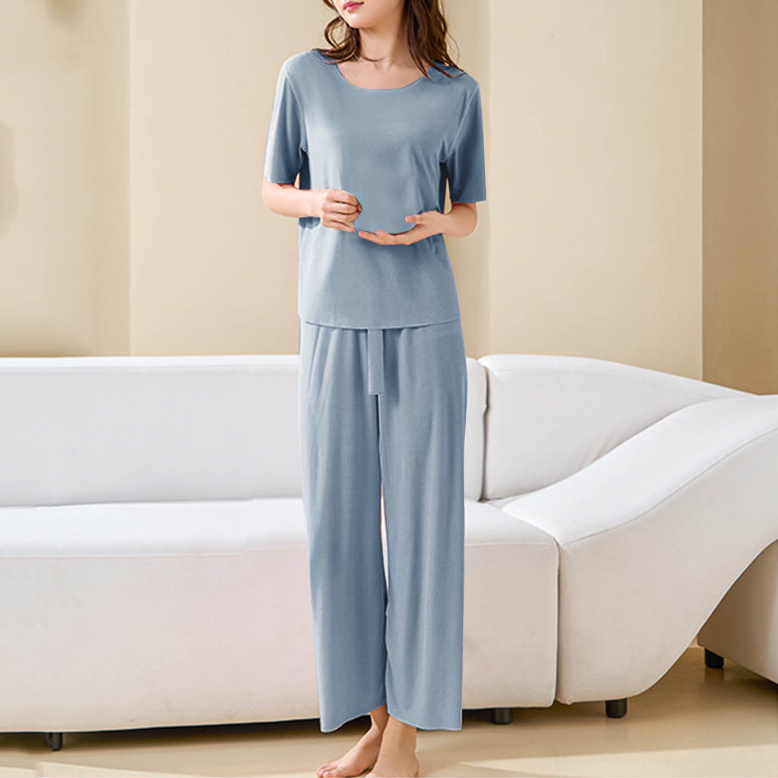Jsaierl Pantalon De Pyjama à Carreaux Pour Femmes Doux Confortable Long Sommeil Taille Lastique Avec Cordon Serrage Poches D Contract Tendance