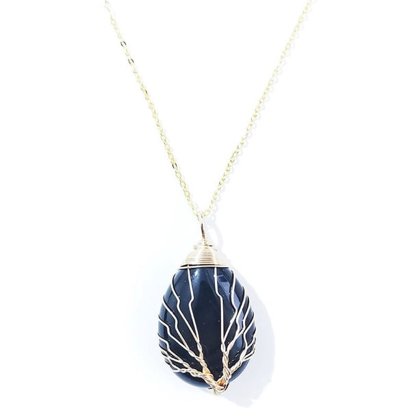 Zhuge Collar con colgante de árbol de la vida, adornos de collar para hombres y mujeres hechos a mano, collar con colgante de gota de agua de árbol de la vida envuelto en oro (negro)