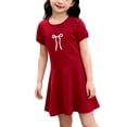 thumbnail image 2 of Amidoa Girls Summer Dresses Short Sleeve Bowknot A-Line Dresses Kids Casual Cotton Print Sundress Red Size 2T, 2 of 9