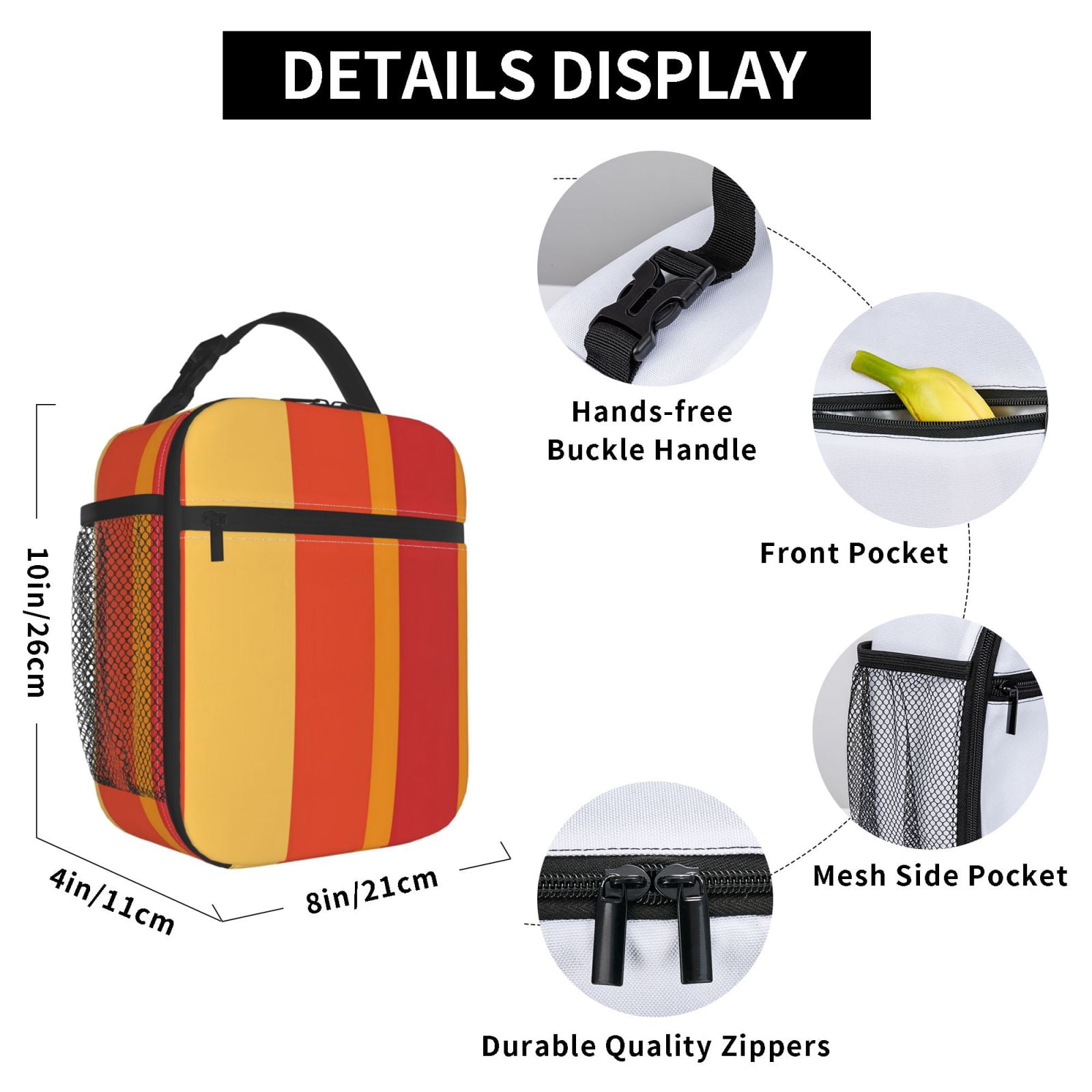 Lunch Bag For Women Men Insulated Portable Lunch Box Bento Box Office Picnic Travel Cooler Bag Orangered Stripe_2