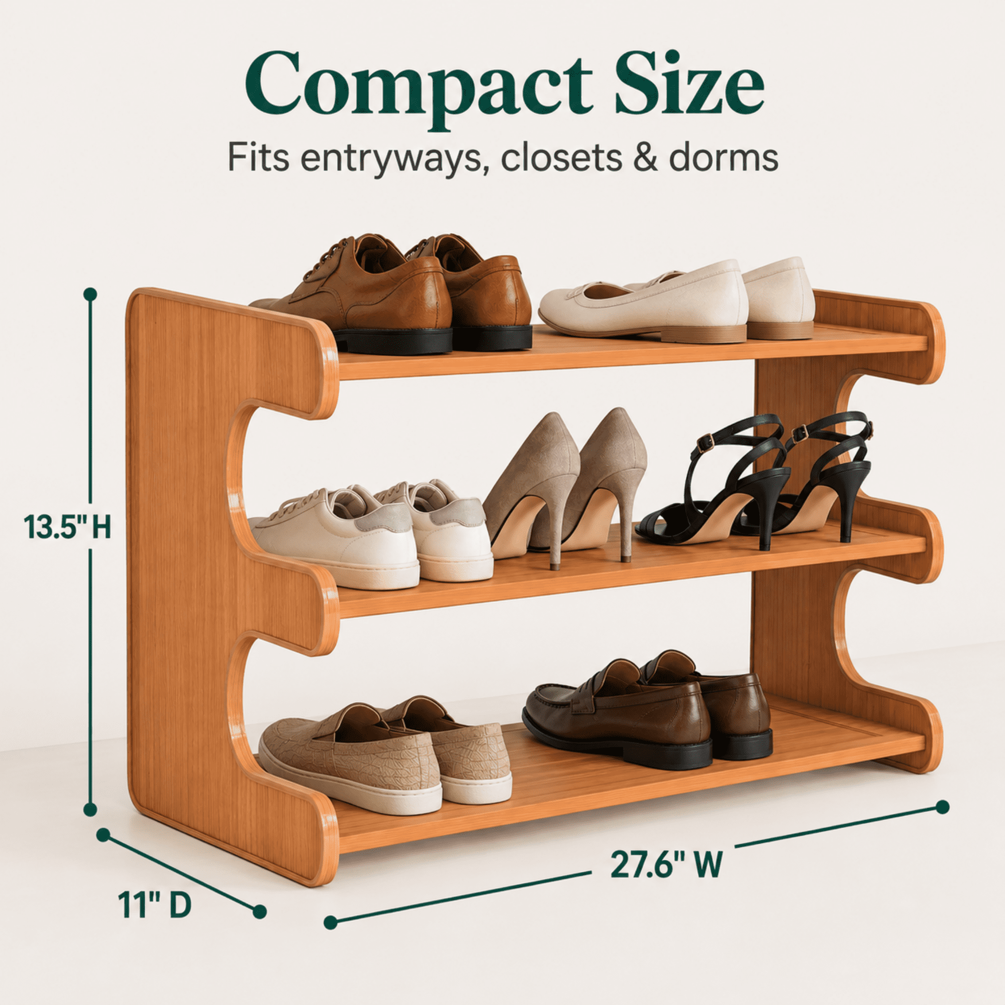 MEHOOM 3 Tier Bamboo Shoe Rack Organizer for Closet, Entryway, Dorm, Garage, Sturdy Shoe Storage Shelf, 28"x11"x14" (Natural)