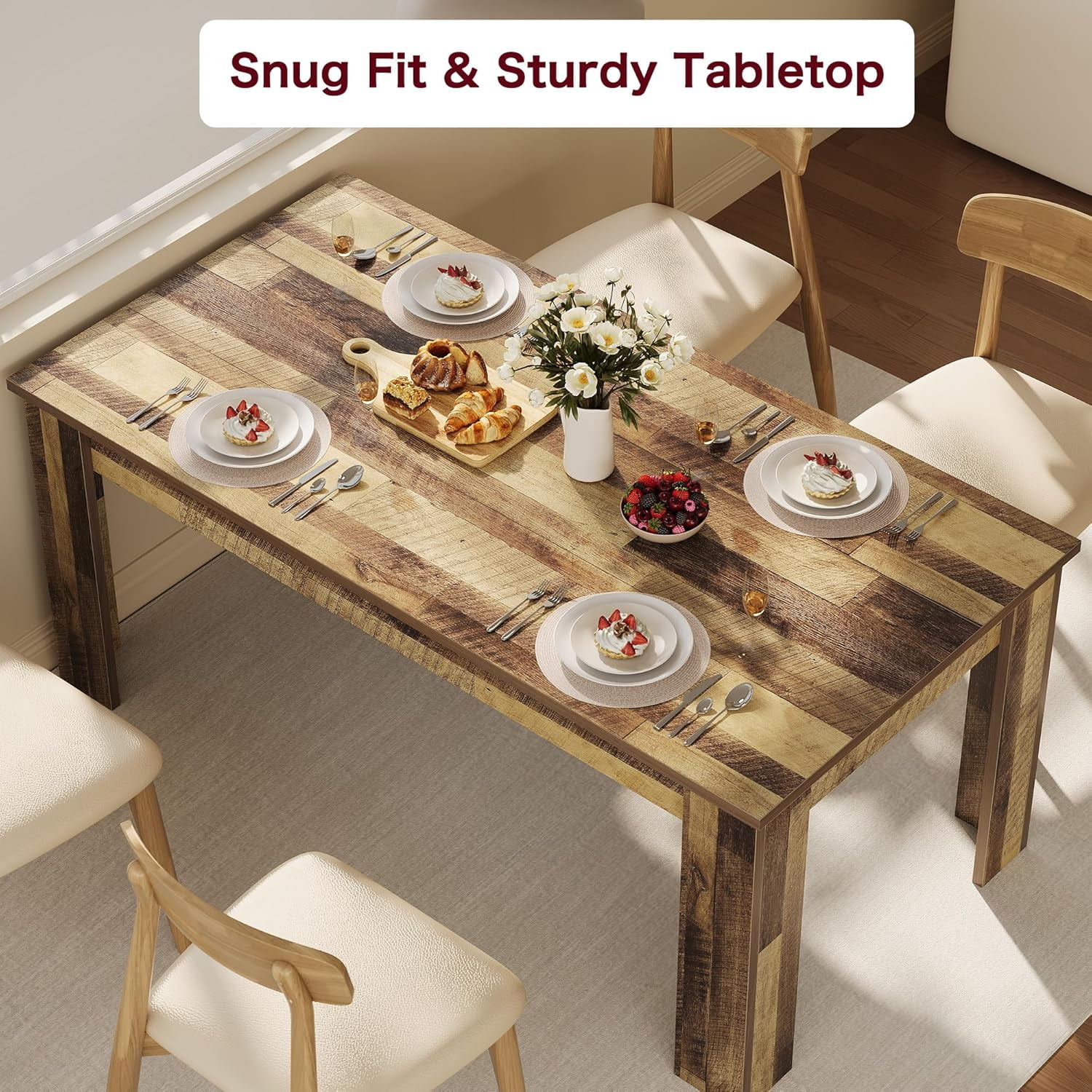 Dining Table for 4-6, Rectangular Dining Room Table, Kitchen Table with Large Table Top, Dinner Table, Farmhouse Dining Table for Dining Room, Kitchen, Living Room, Retro Brown